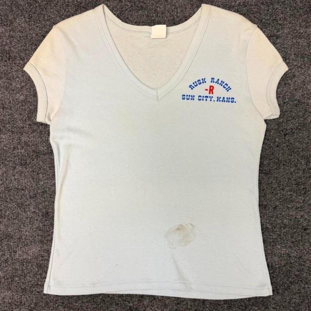Vintage Rusk Ranch Sun City Kans V Neck Baby Tee Light Blue Womens Large USA